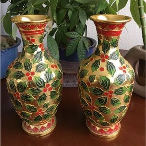 Vintage Chinese Cloisonné Holly Vases